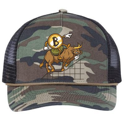 Bitcoin Cartoon Riding Bull Retro Rope Trucker Hat Cap