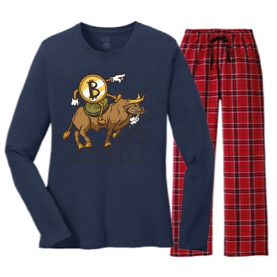 Bitcoin Cartoon Riding Bull Women's Long Sleeve Flannel Pajama Set 