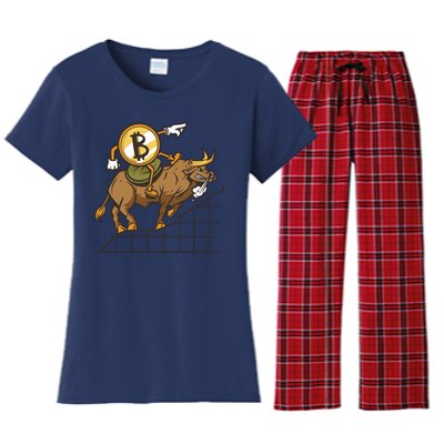 Bitcoin Cartoon Riding Bull Women's Flannel Pajama Set