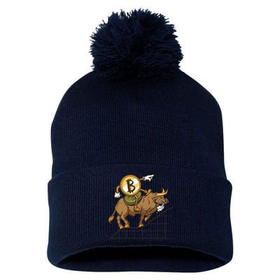 Bitcoin Cartoon Riding Bull Pom Pom 12in Knit Beanie