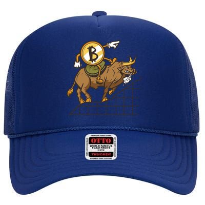 Bitcoin Cartoon Riding Bull High Crown Mesh Back Trucker Hat