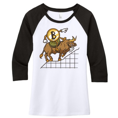 Bitcoin Cartoon Riding Bull Women's Tri-Blend 3/4-Sleeve Raglan Shirt