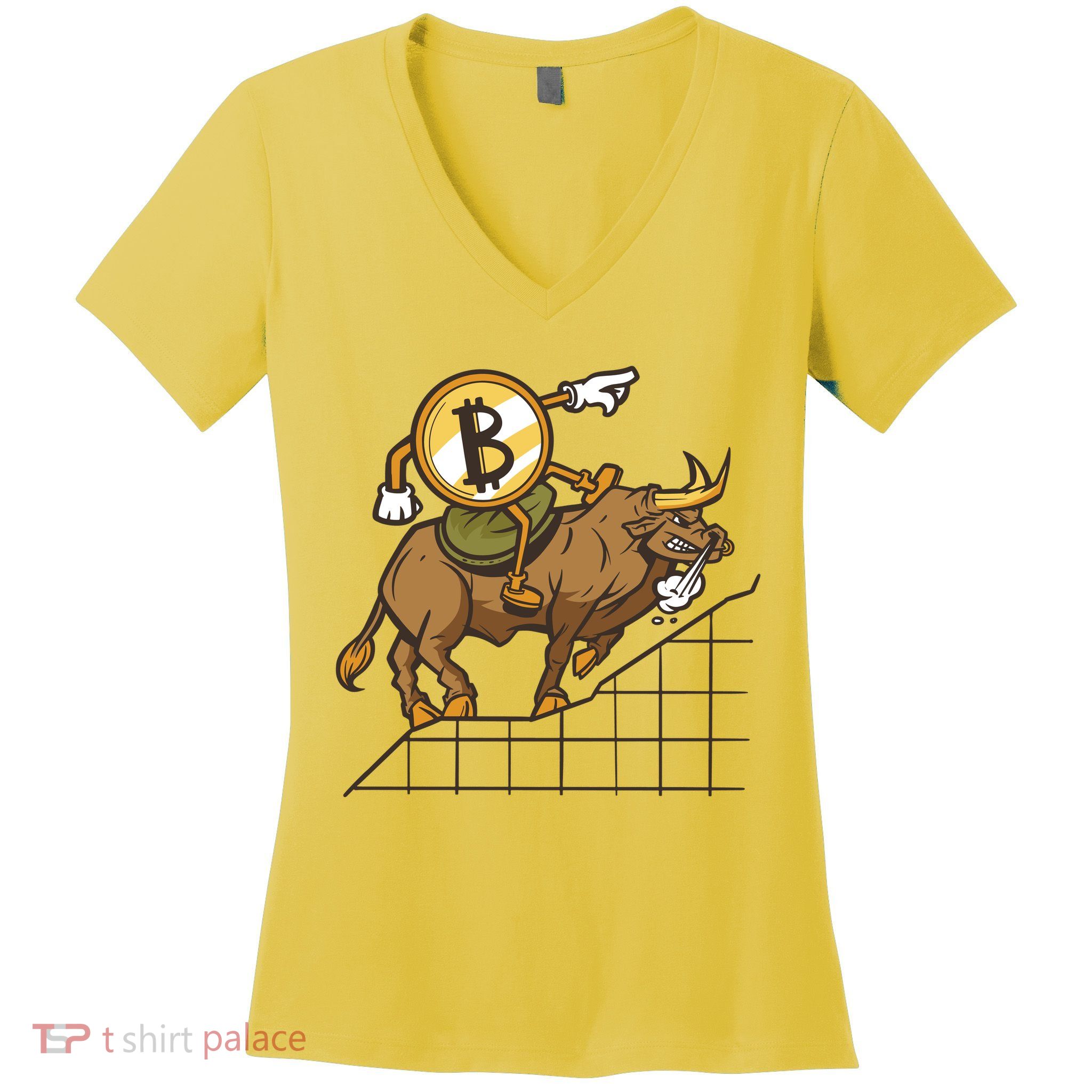 Bitcoin Cartoon Riding Bull Women's V-Neck T-Shirt