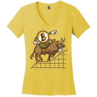 Bitcoin Cartoon Riding Bull Women's V-Neck T-Shirt