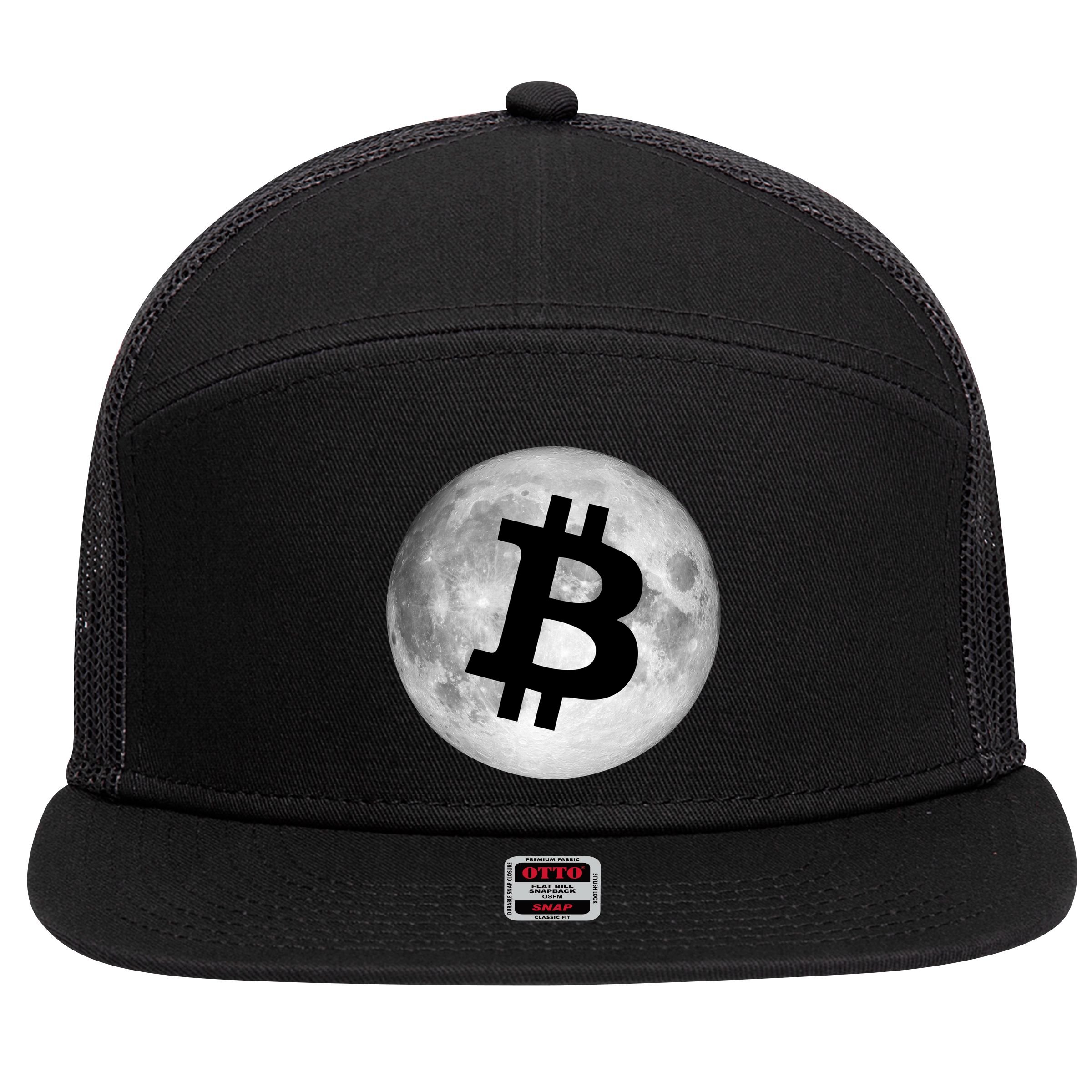 Bitcoin Cryptocurrency Fly Me To The Moon Logo 7 Panel Mesh Trucker Snapback Hat