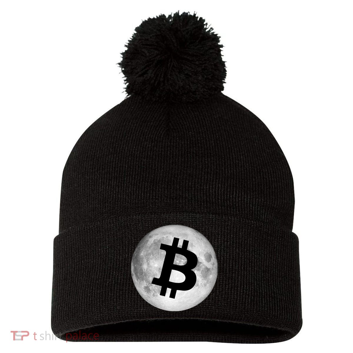 Bitcoin Cryptocurrency Fly Me To The Moon Logo Pom Pom 12in Knit Beanie