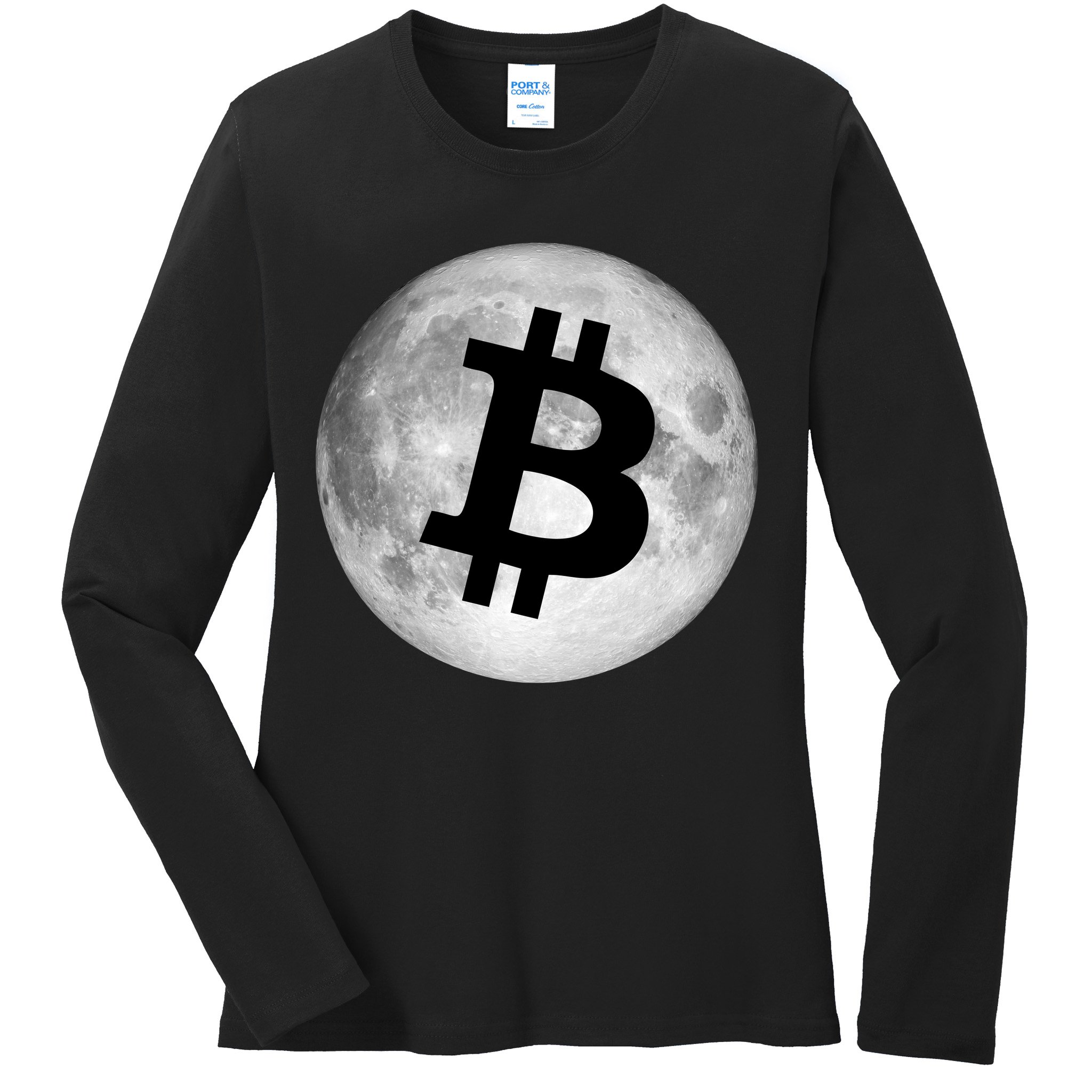 Bitcoin Cryptocurrency Fly Me To The Moon Logo Ladies Long Sleeve Shirt