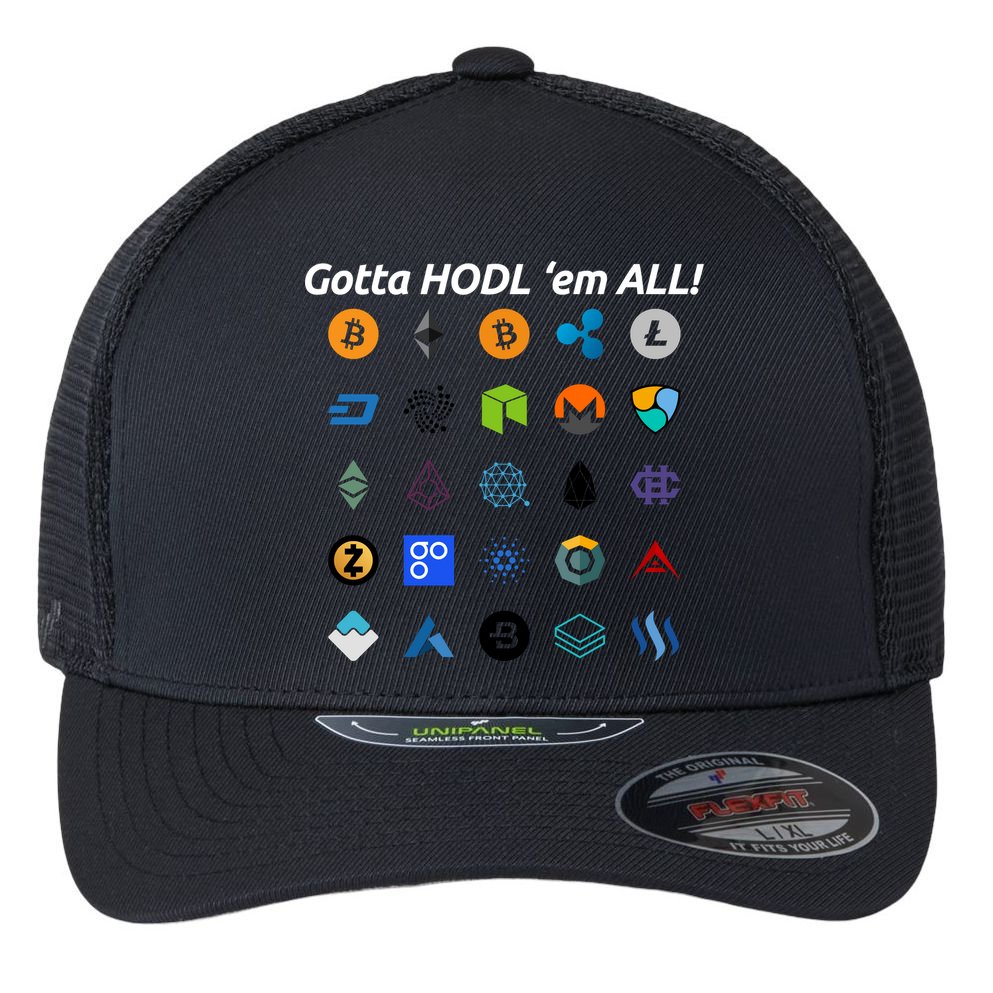 Bitcoin Litecoin Gotta Hodl Em All Cryptocurrency Logos Flexfit Unipanel Trucker Cap