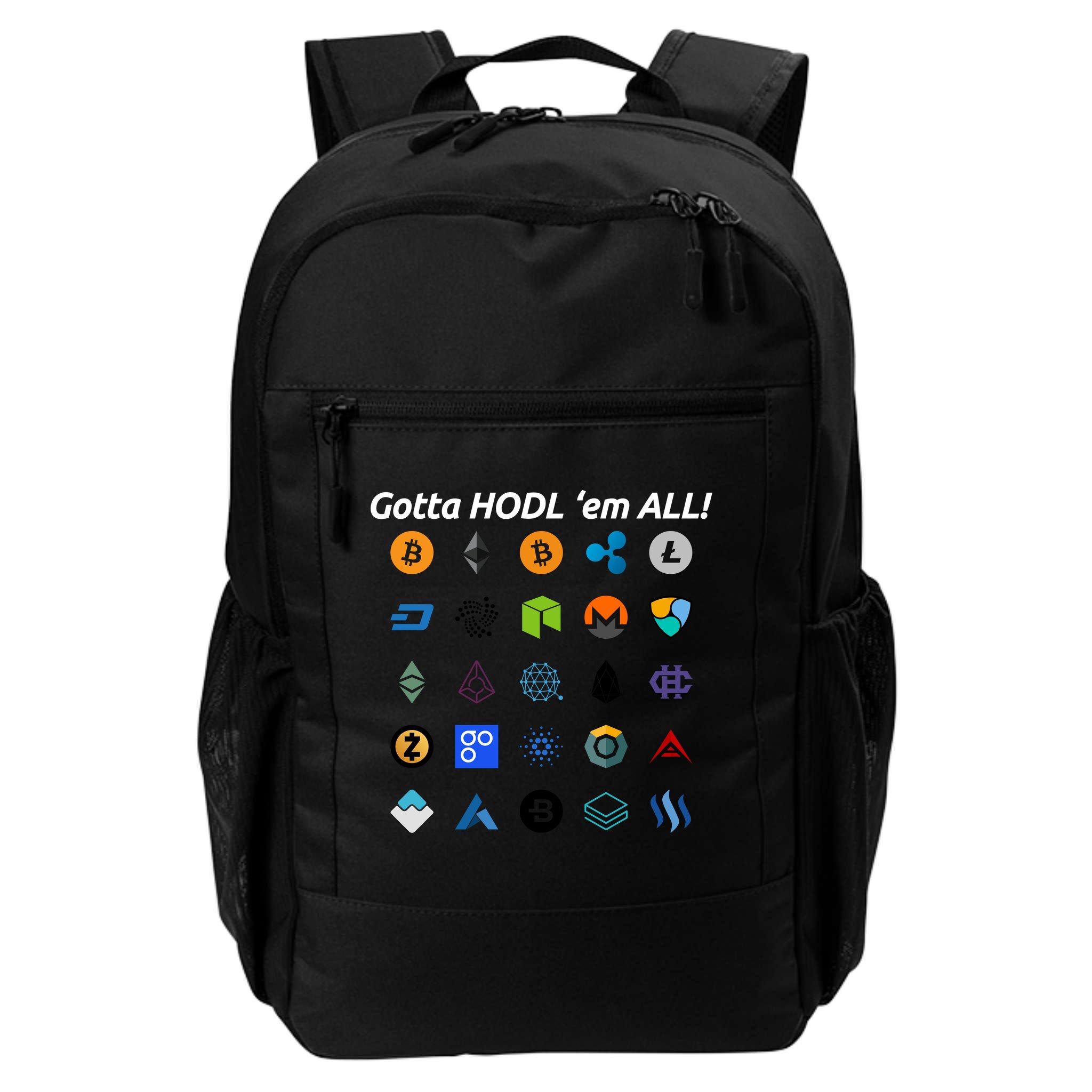 Bitcoin Litecoin Gotta Hodl Em All Cryptocurrency Logos Backpack