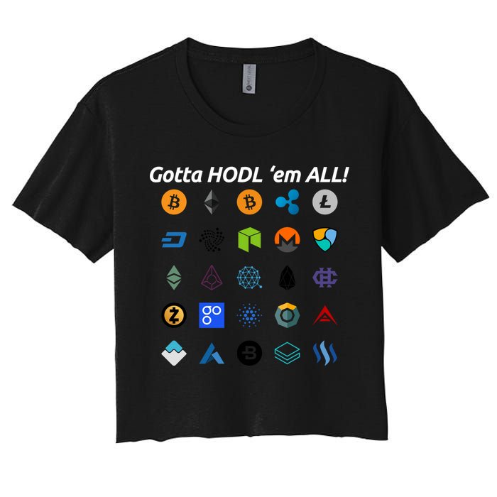 Bitcoin Litecoin Gotta Hodl Em All Cryptocurrency Logos Women's Crop Top Tee