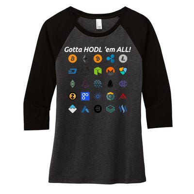 Bitcoin Litecoin Gotta Hodl Em All Cryptocurrency Logos Women's Tri-Blend 3/4-Sleeve Raglan Shirt