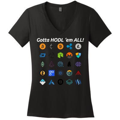 Bitcoin Litecoin Gotta Hodl Em All Cryptocurrency Logos Women's V-Neck T-Shirt