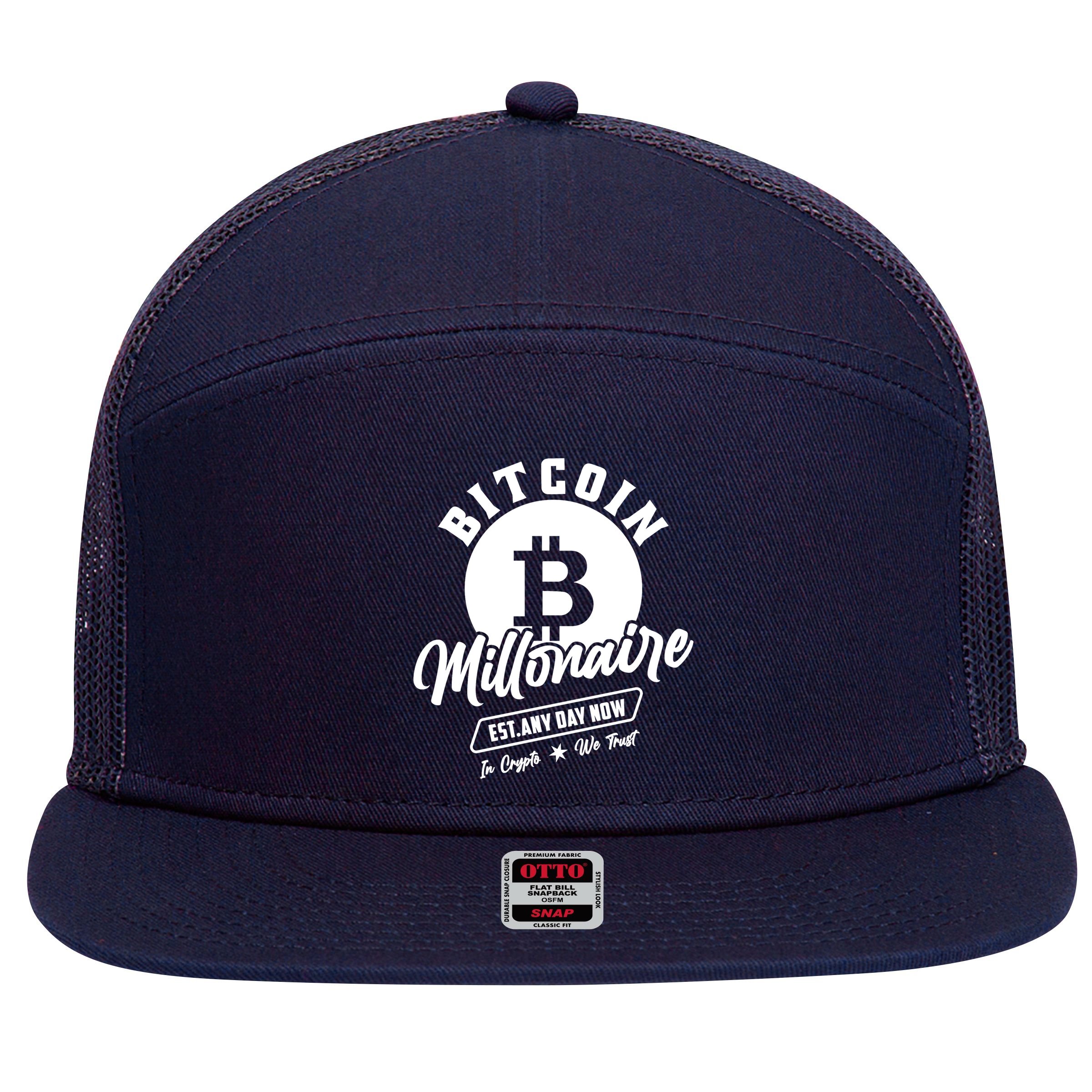 Bitcoin Millionaire In Crypto We Trust 7 Panel Mesh Trucker Snapback Hat