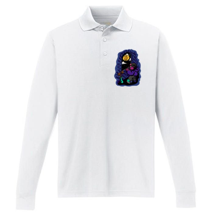 Bitcoin Moon Cartoon Performance Long Sleeve Polo