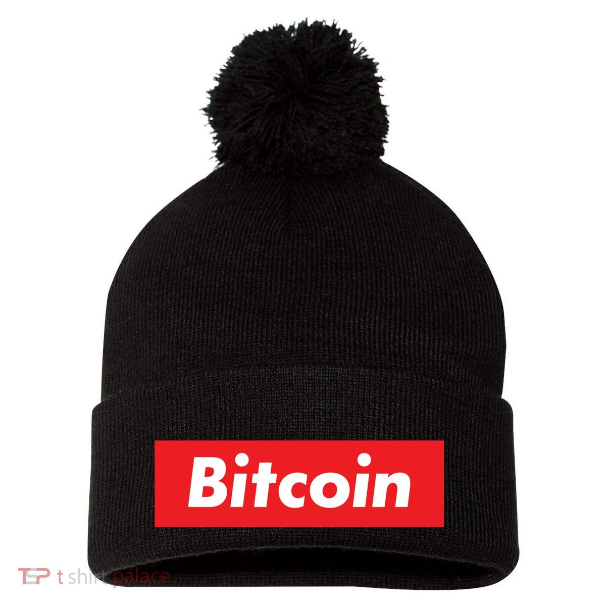 Bitcoin Red Box Logo Pom Pom 12in Knit Beanie