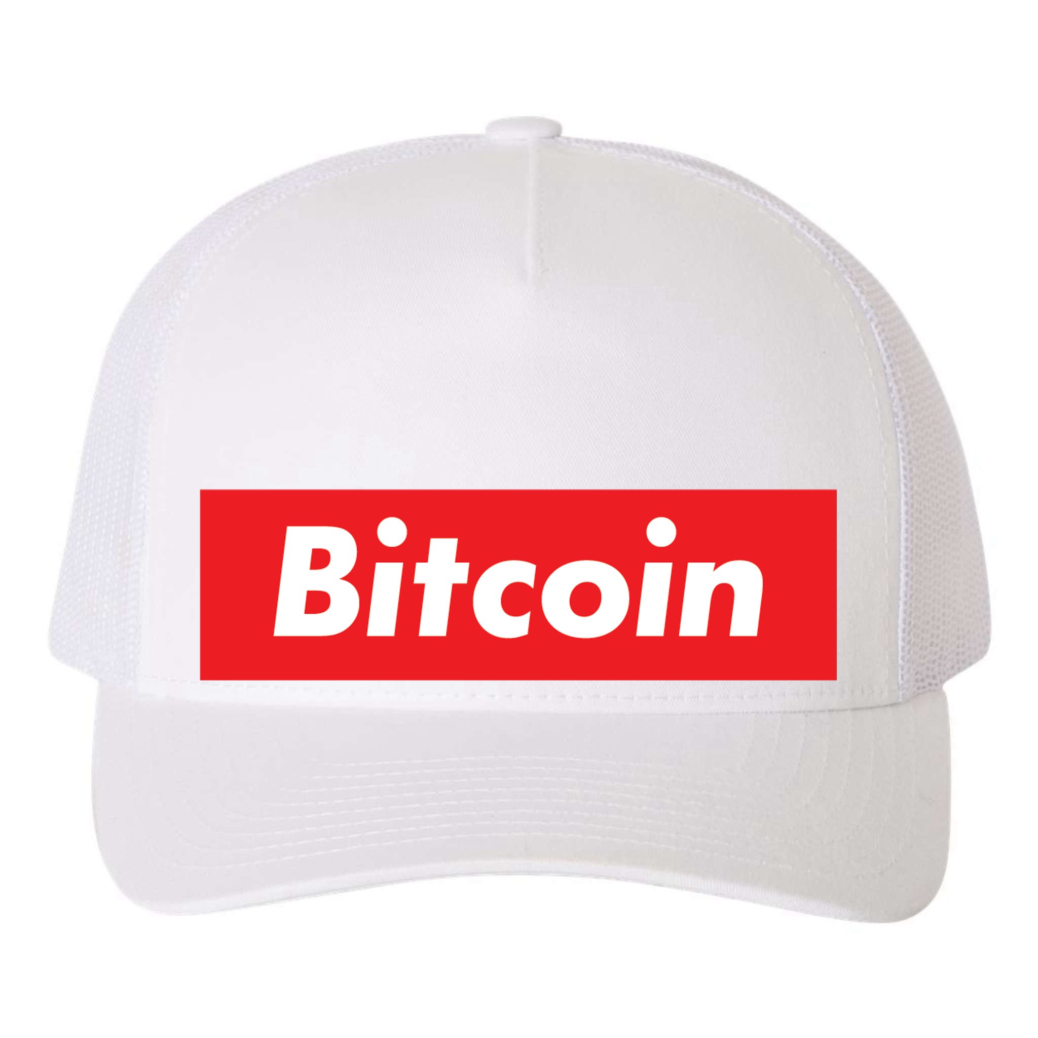 Bitcoin Red Box Logo Yupoong Adult 5-Panel Trucker Hat