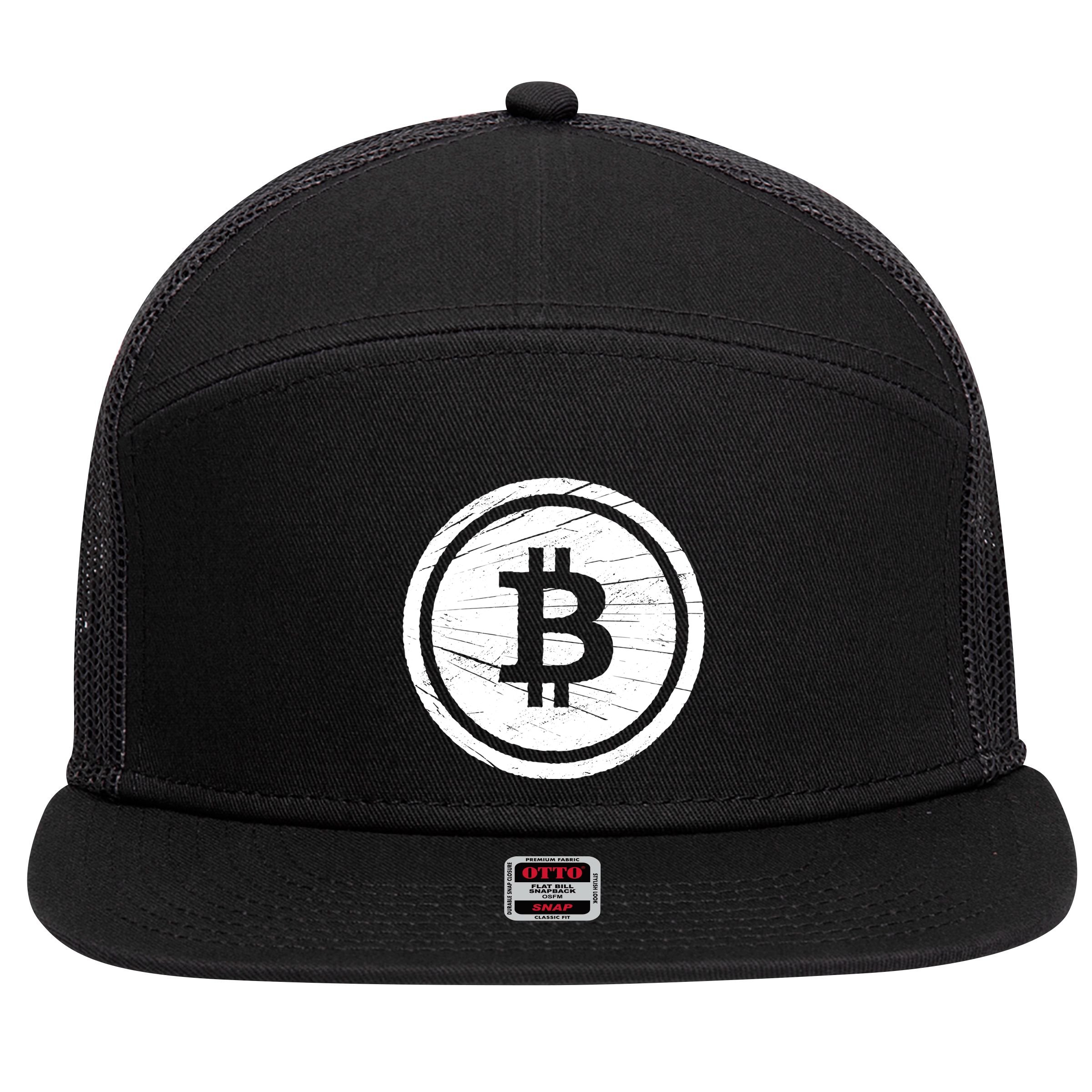 Bitcoin Symbol 7 Panel Mesh Trucker Snapback Hat