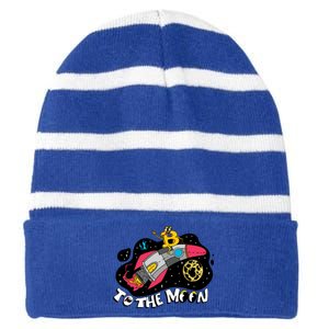 Bitcoin To The Moon Rocket Striped Beanie with Solid Band