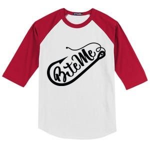 Bite Me Fish Hook Funny Fishing Kids Colorblock Raglan Jersey