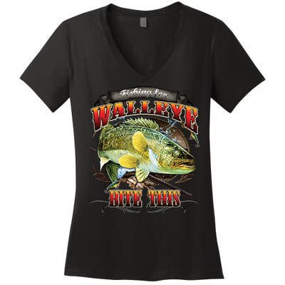 Bite This Walleye Fishing Women's V-Neck T-Shirt