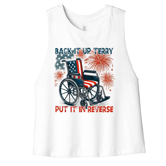 Back It Up Terry Put It In Reverse Fireworks Fun 4th Of July Women's Racerback Cropped Tank