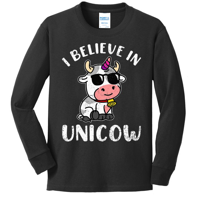 Believe In Unicow Dairy Farmer Cattle Rancher Kids Long Sleeve Shirt