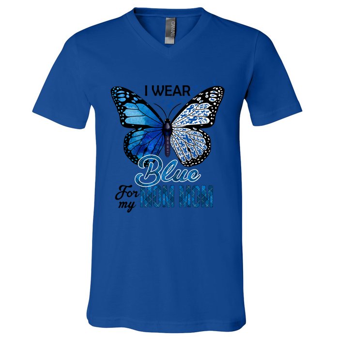 Butterfly I Wear Blue For Mom Mom Colon Cancer Awareness Gift V-Neck T-Shirt