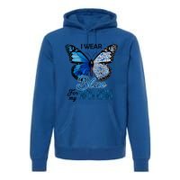 Butterfly I Wear Blue For Mom Mom Colon Cancer Awareness Gift Premium Hoodie