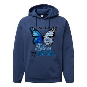 Butterfly I Wear Blue For Mom Mom Colon Cancer Awareness Gift Performance Fleece Hoodie