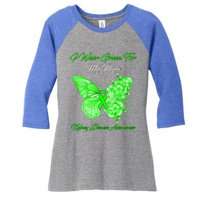 Butterfly I Wear Green For My Papa Ney Disease Awareness Gift Women's Tri-Blend 3/4-Sleeve Raglan Shirt