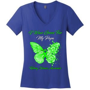 Butterfly I Wear Green For My Papa Ney Disease Awareness Gift Women's V-Neck T-Shirt