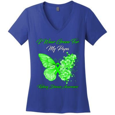 Butterfly I Wear Green For My Papa Ney Disease Awareness Gift Women's V-Neck T-Shirt