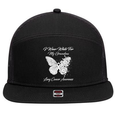 Butterfly I Wear White For My Grandma Lung Cancer Awareness 7 Panel Mesh Trucker Snapback Hat