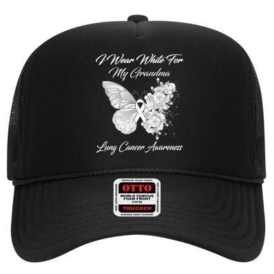 Butterfly I Wear White For My Grandma Lung Cancer Awareness High Crown Mesh Back Trucker Hat