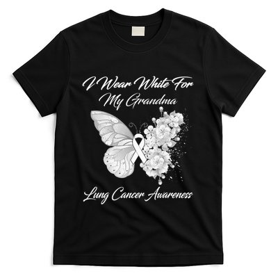 Butterfly I Wear White For My Grandma Lung Cancer Awareness T-Shirt