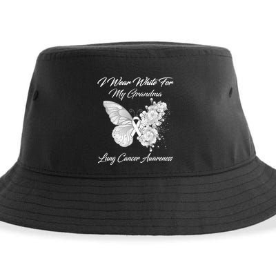 Butterfly I Wear White For My Grandma Lung Cancer Awareness Sustainable Bucket Hat
