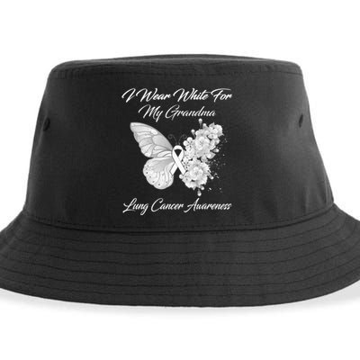 Butterfly I Wear White For My Grandma Lung Cancer Awareness Sustainable Bucket Hat