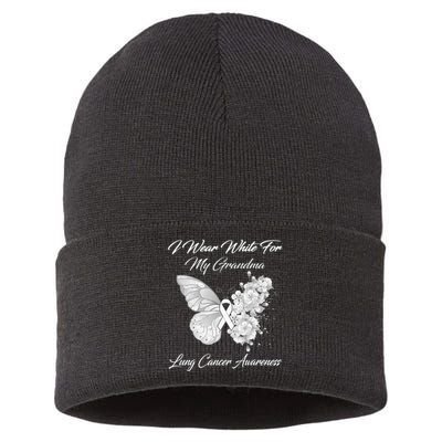 Butterfly I Wear White For My Grandma Lung Cancer Awareness Sustainable Knit Beanie