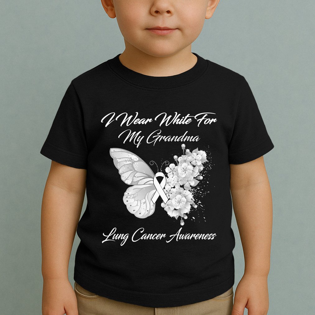Butterfly I Wear White For My Grandma Lung Cancer Awareness Toddler T-Shirt