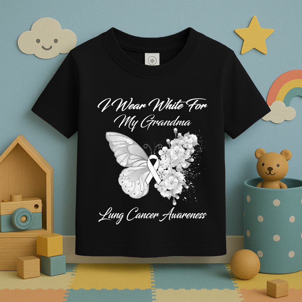 Butterfly I Wear White For My Grandma Lung Cancer Awareness Toddler T-Shirt