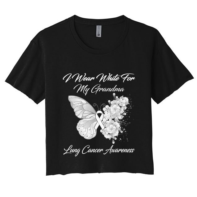 Butterfly I Wear White For My Grandma Lung Cancer Awareness Crop Top