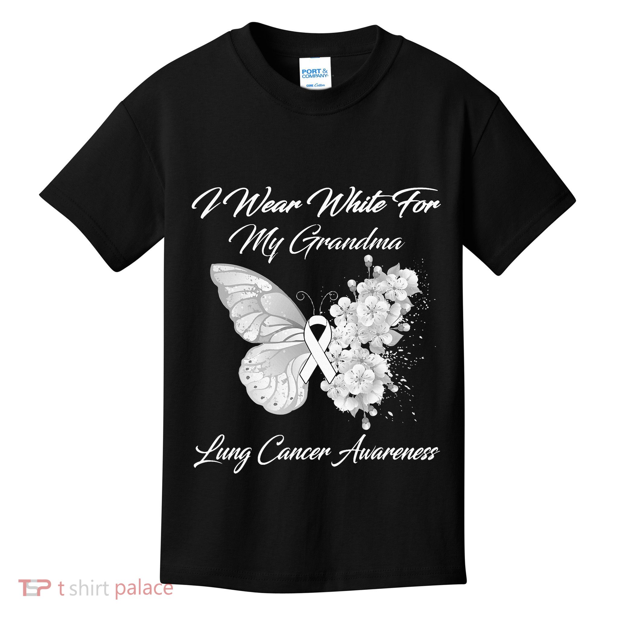 Butterfly I Wear White For My Grandma Lung Cancer Awareness Kids T-Shirt