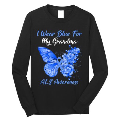 Butterfly I Wear Blue For My Grandma ALS Awareness Long Sleeve Shirt