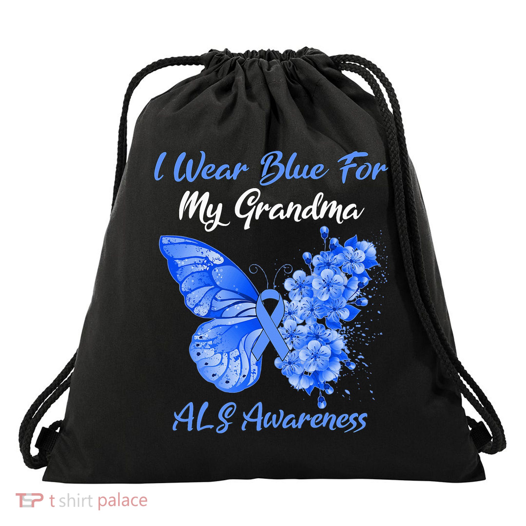 Butterfly I Wear Blue For My Grandma ALS Awareness Drawstring Bag