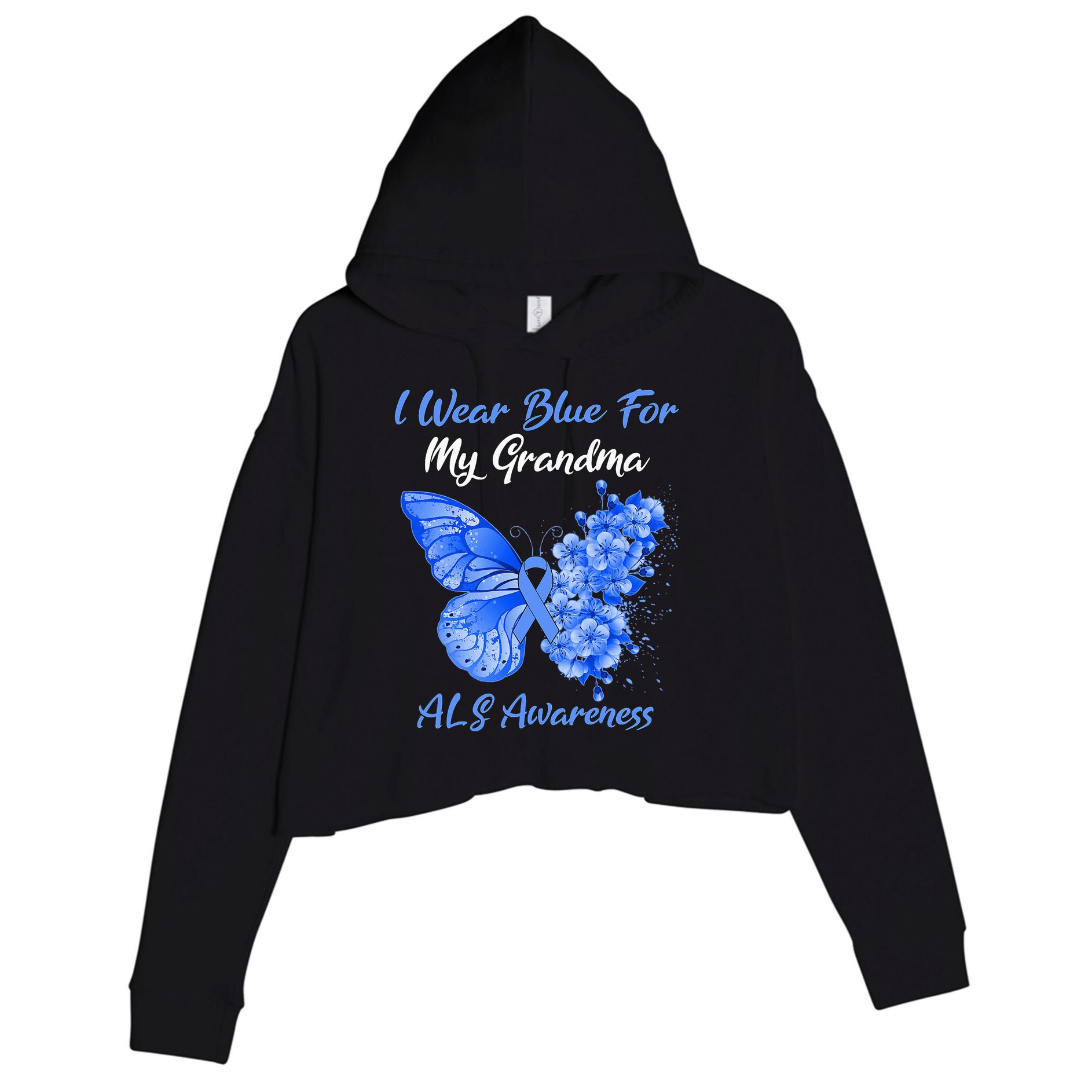 Butterfly I Wear Blue For My Grandma ALS Awareness Crop Fleece Hoodie