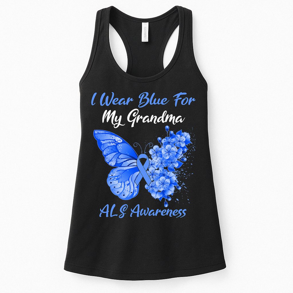 Butterfly I Wear Blue For My Grandma ALS Awareness Womens Tank Top