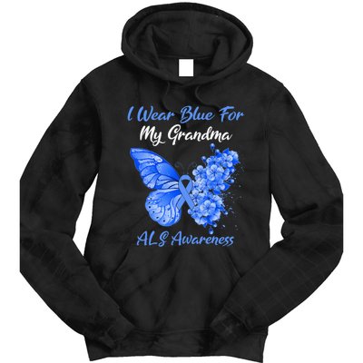 Butterfly I Wear Blue For My Grandma ALS Awareness Tie Dye Hoodie