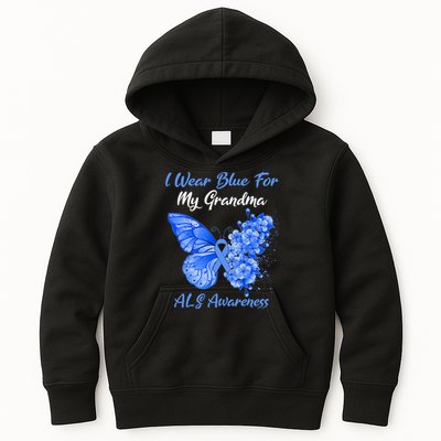 Butterfly I Wear Blue For My Grandma ALS Awareness Kids Hoodie