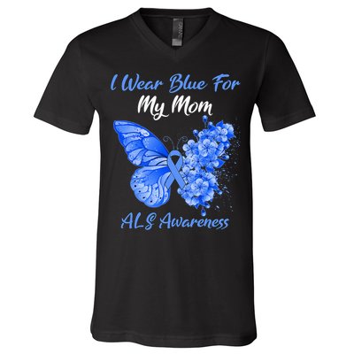 Butterfly I Wear Blue For My Mom ALS Awareness V-Neck T-Shirt