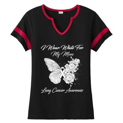 Butterfly I Wear White For My Mom Lung Cancer Awareness Ladies Halftime Notch Neck Tee